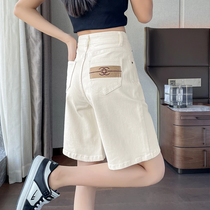 刺绣牛仔短裤女2024夏季新款高腰显瘦梨形身材小个子五分直筒裤子