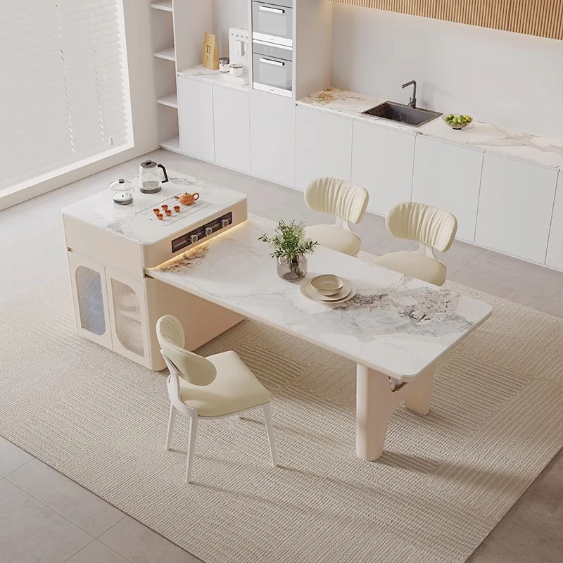 奶油风岩板岛台餐桌开放式简约家用小户型一体式多功能可伸缩餐台