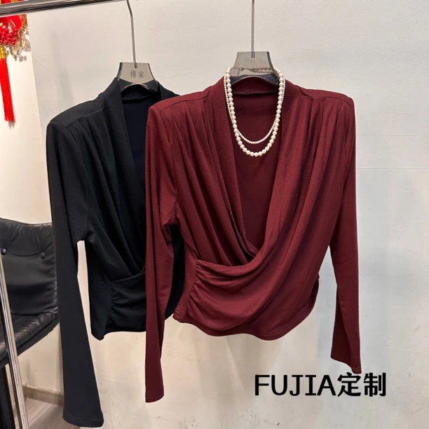 FUJIA 高级感气质显瘦V领褶皱上衣5061