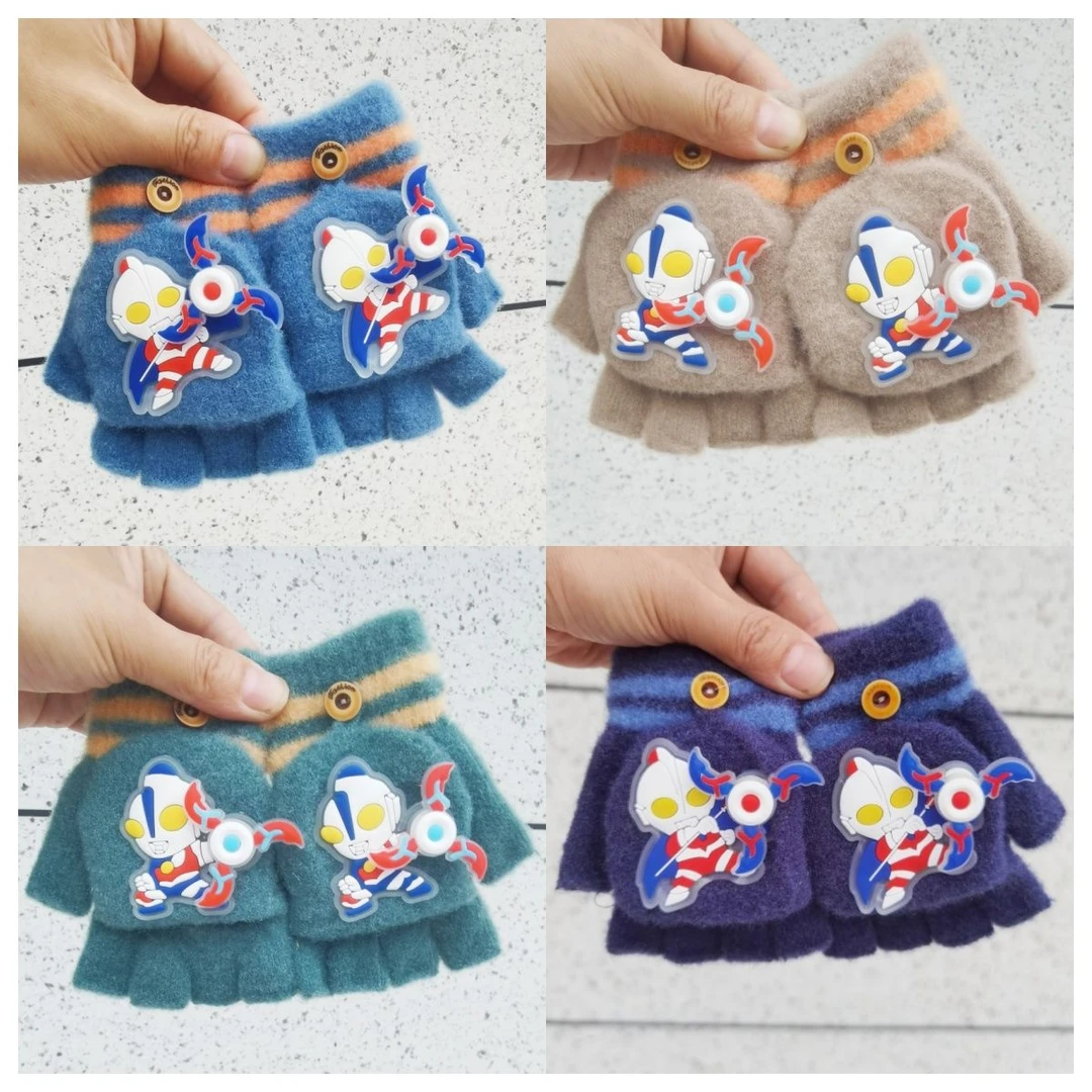 3-8岁6幼儿园奥特曼防寒保暖卡通男童小童秋冬季半指翻盖儿童手套