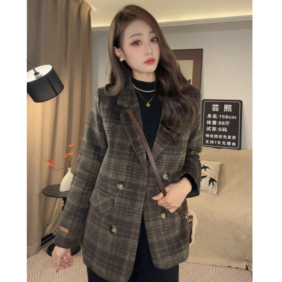 复古小香风格子西装呢子外套2024秋冬新款韩系加厚显瘦百搭毛呢