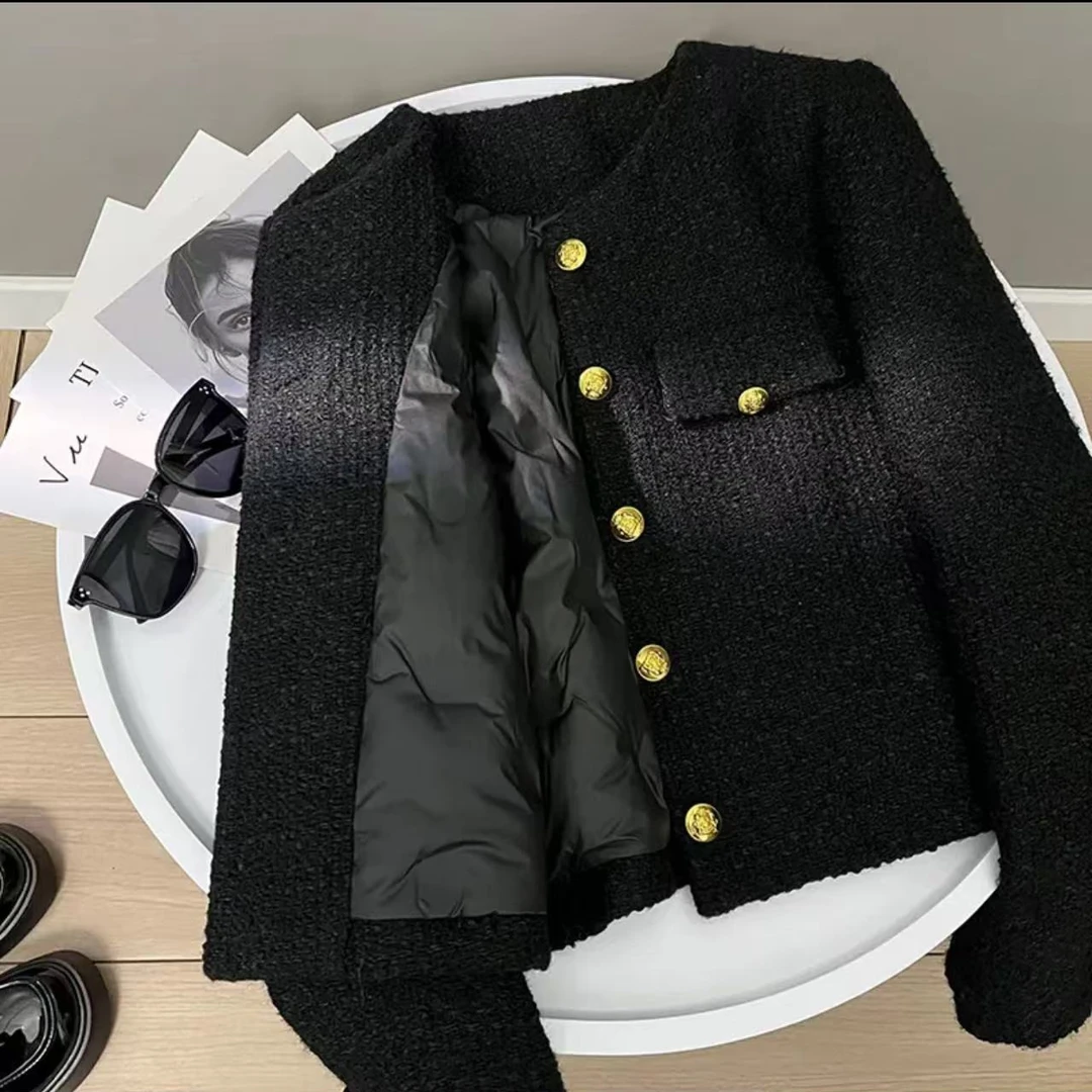 黑色圆点加厚内里小香风外套女2024冬季新款小个子百搭