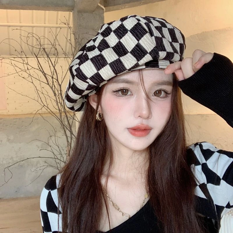 黑白棋盘格子贝雷帽女秋冬季大头围云朵画家八角帽子春秋款显脸小