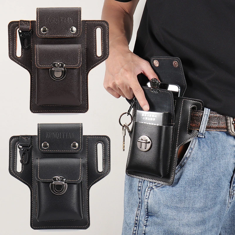 超薄贴身手机包腰包男款挂腰穿皮带工地干活竖款双层腰带装烟皮套