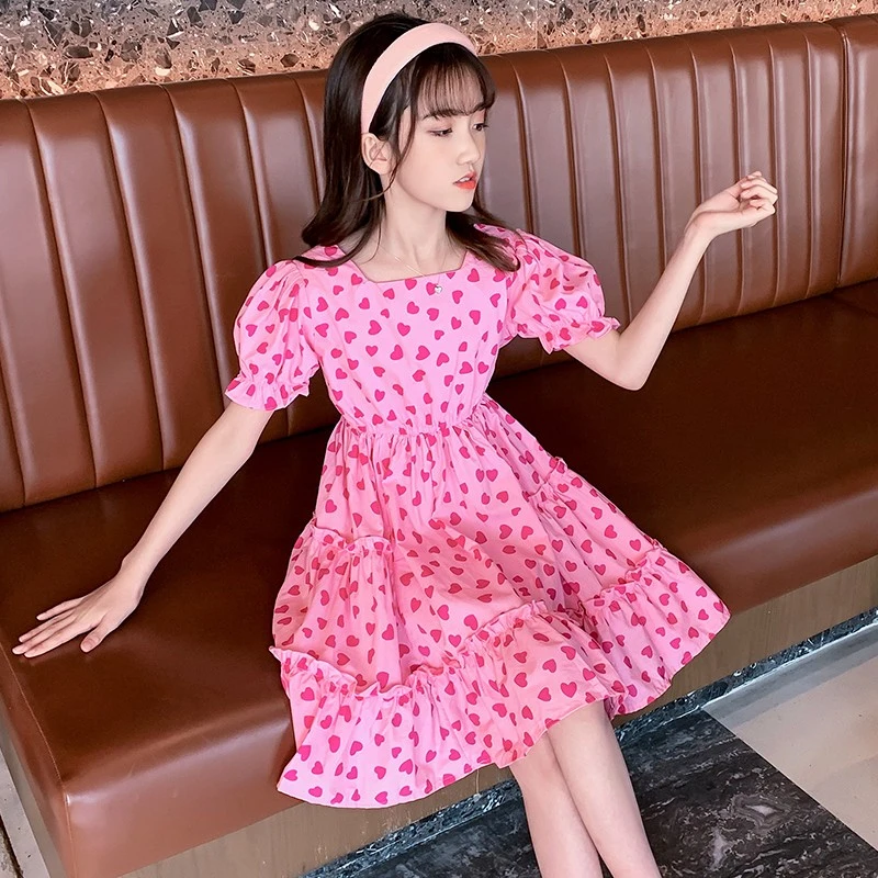 女童夏季连衣裙女孩洋气时尚韩版中大童网红爱心印花小女孩公主裙