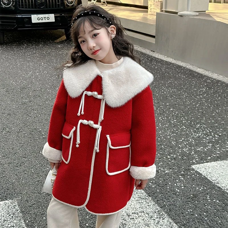 女童加绒加厚外套冬季新款洋气儿童中长款红色呢大衣冬款过年拜年