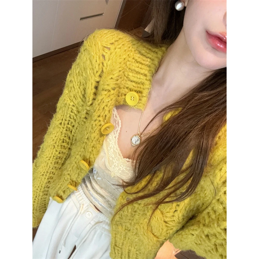 秋冬加厚黄色粗线毛针织开衫外套纯色简约软糯单排扣长袖外穿上衣