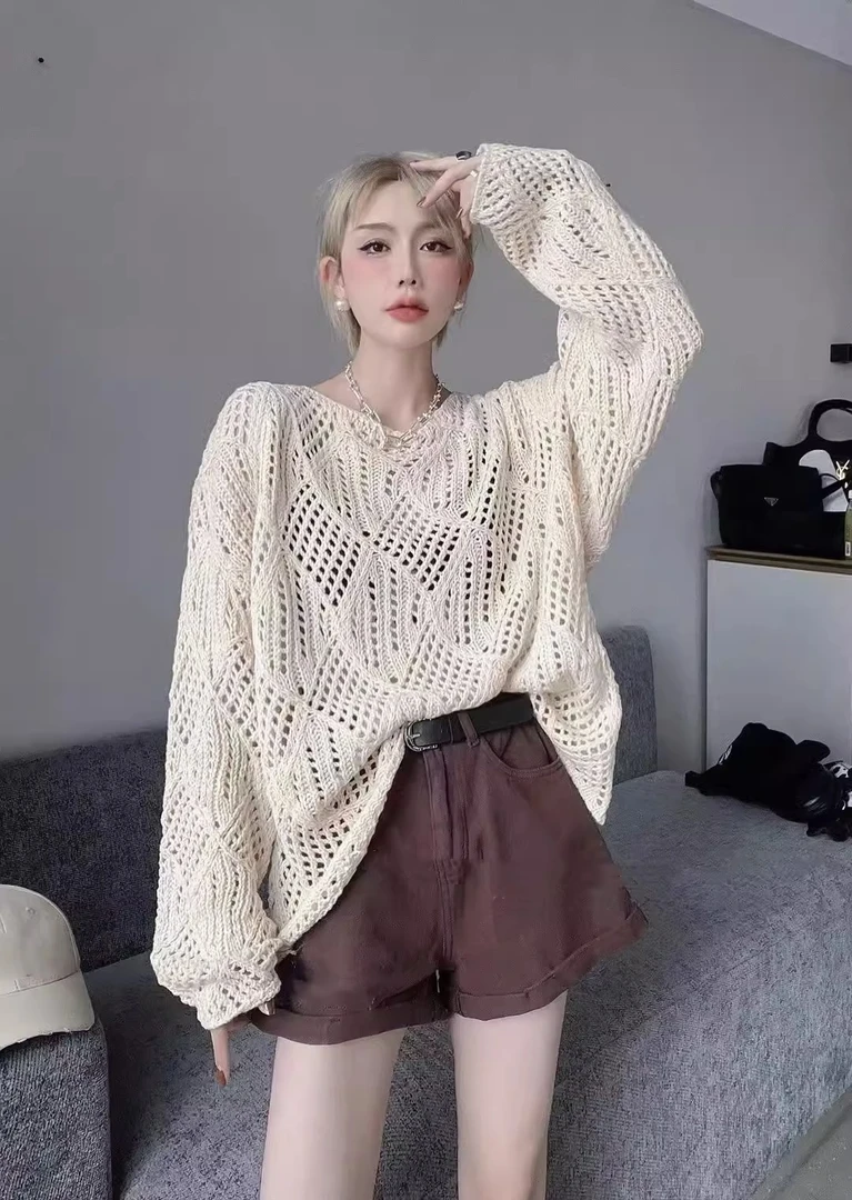 2025春秋季气质慵懒风镂空长袖毛衣菱形罩衫百搭上衣宽松针织衫女
