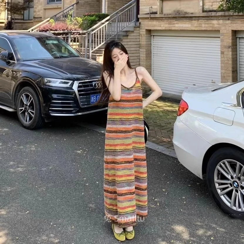 2025夏季新款法式三亚度假打底条纹针织吊带连衣裙女气质长款裙子