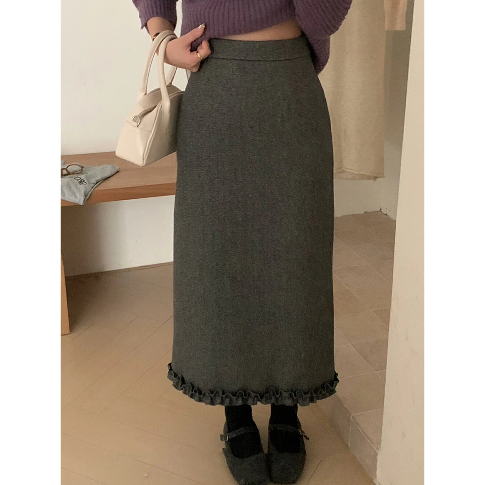 时尚木耳边下摆加厚毛呢直筒半身裙冬季新款高腰显瘦垂感中长裙女