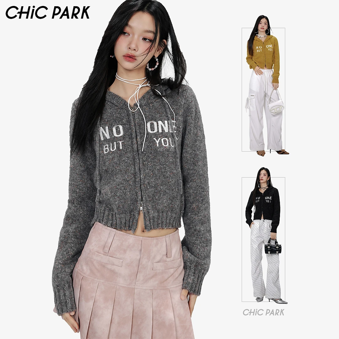 CHiCPARK复古日韩风纯欲连帽针织毛衣撞色字母绣花修身短款开衫