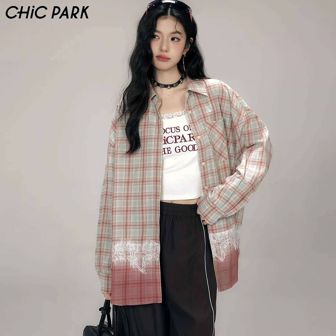 CHiCPARK日常复古微阔蕾丝拼接格纹长袖衬衫通勤吊染拼色上衣外套