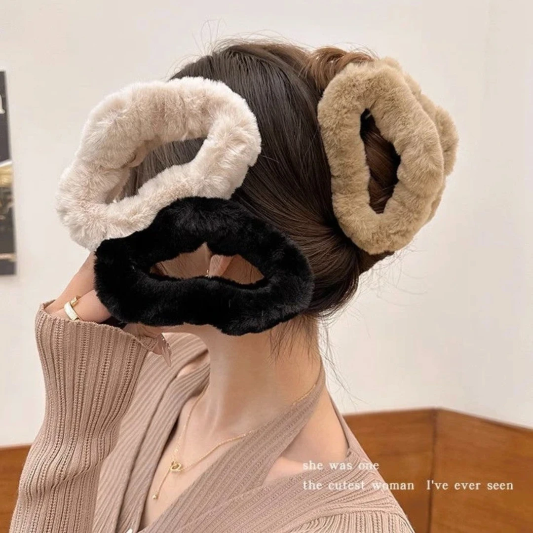 云朵毛绒发夹女后脑勺盘发抓夹秋冬咖色大号鲨鱼夹子头饰气质百搭