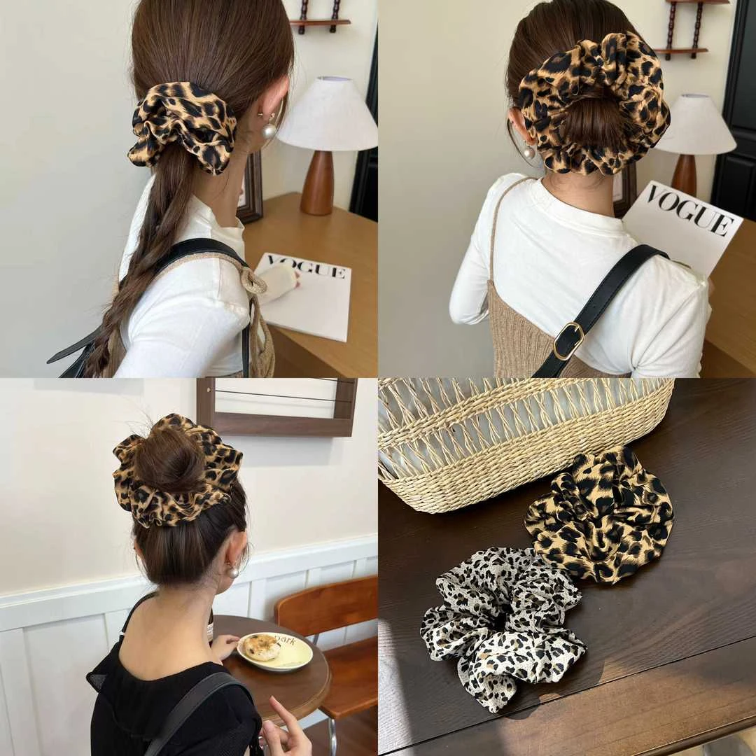 复古辣妹豹纹大肠发圈女扎丸子头马尾发绳高弹力皮筋不伤发头饰品