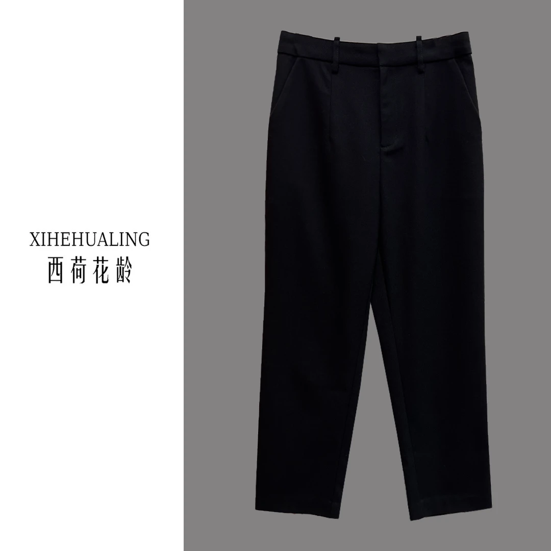 西荷花龄严选】秋冬通勤时尚显瘦拼接小烟管九分高腰西装裤795