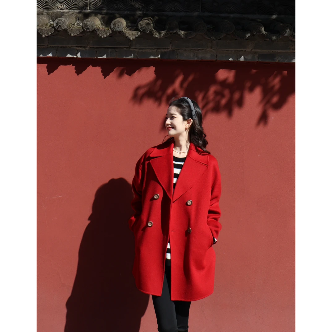 GIRDEAR/哥弟秋冬新款百搭翻领双排扣中长款双面呢外套女 1400709