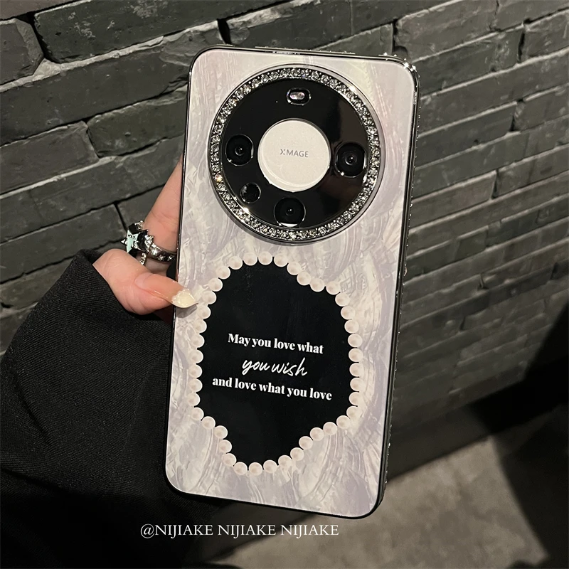 华为mate60手机壳玻璃镜面mate60pro+保护套p70女款70pro+闪钻潮