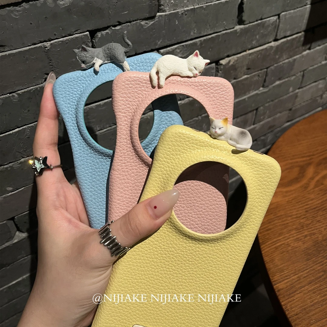 ins哈基米秋冬皮纹适用华为mate60pro手机壳女可爱猫咪16promax