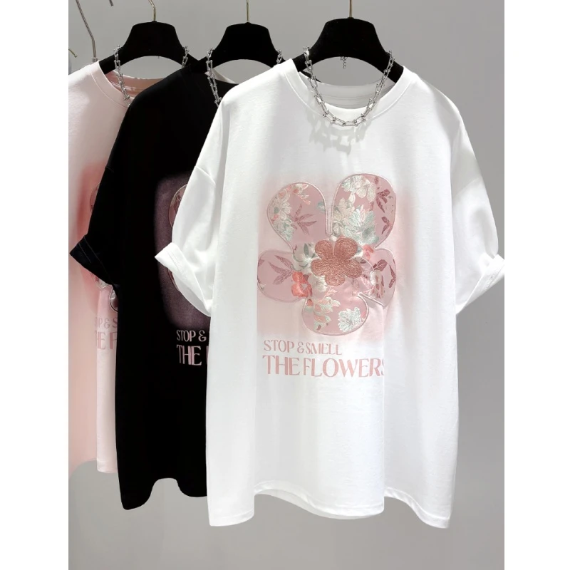 大版短袖大t恤女夏宽松轻国风新中式中国风刺绣中长款遮屁股上衣