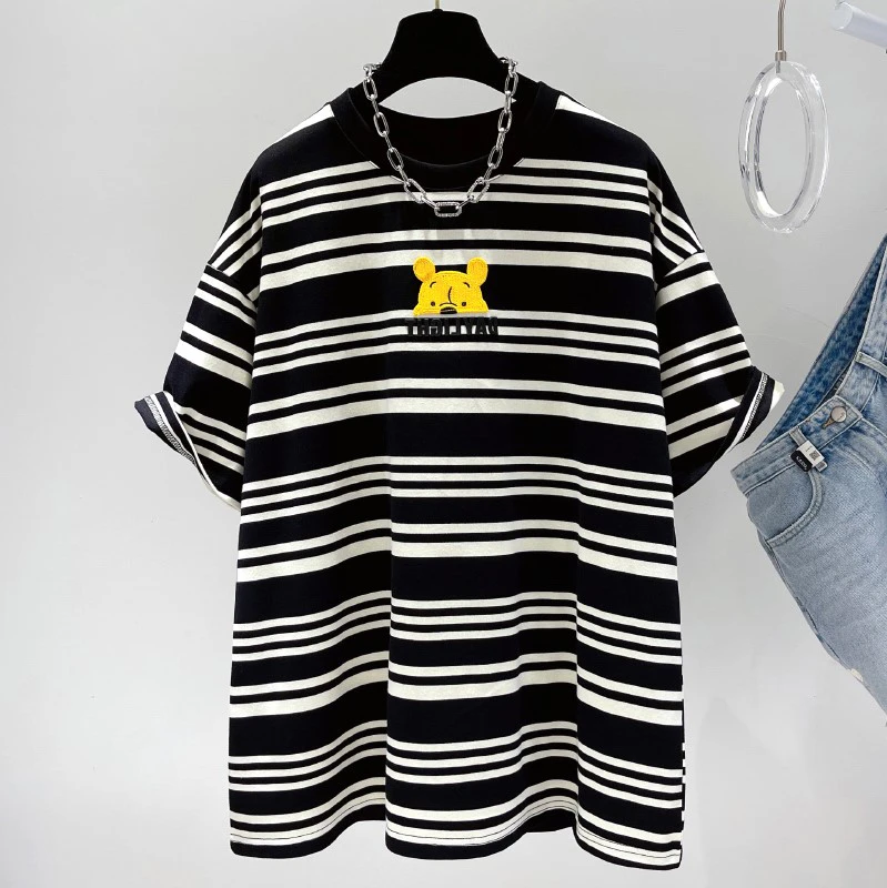 半袖短袖大版大t恤女夏宽松中长款遮屁股条纹上衣下装下半身失踪