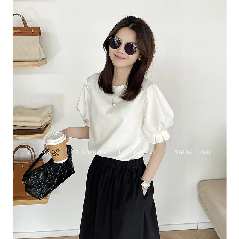 短款短袖t恤女夏季高级感泡泡袖灯笼袖法式独特别致洋气漂亮上衣
