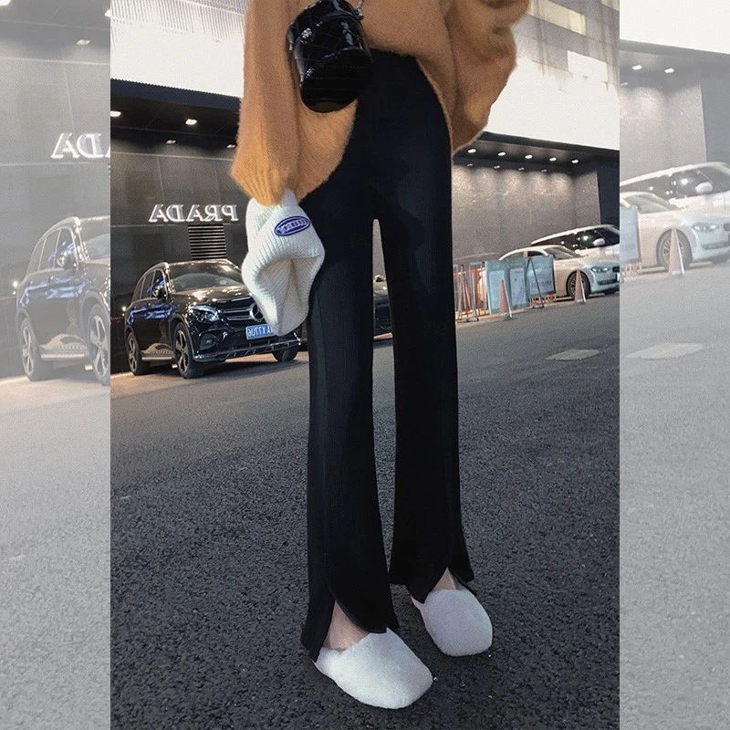 黑色开叉微喇裤子女春秋宽松直筒显瘦高腰垂感休闲运动针织阔腿裤
