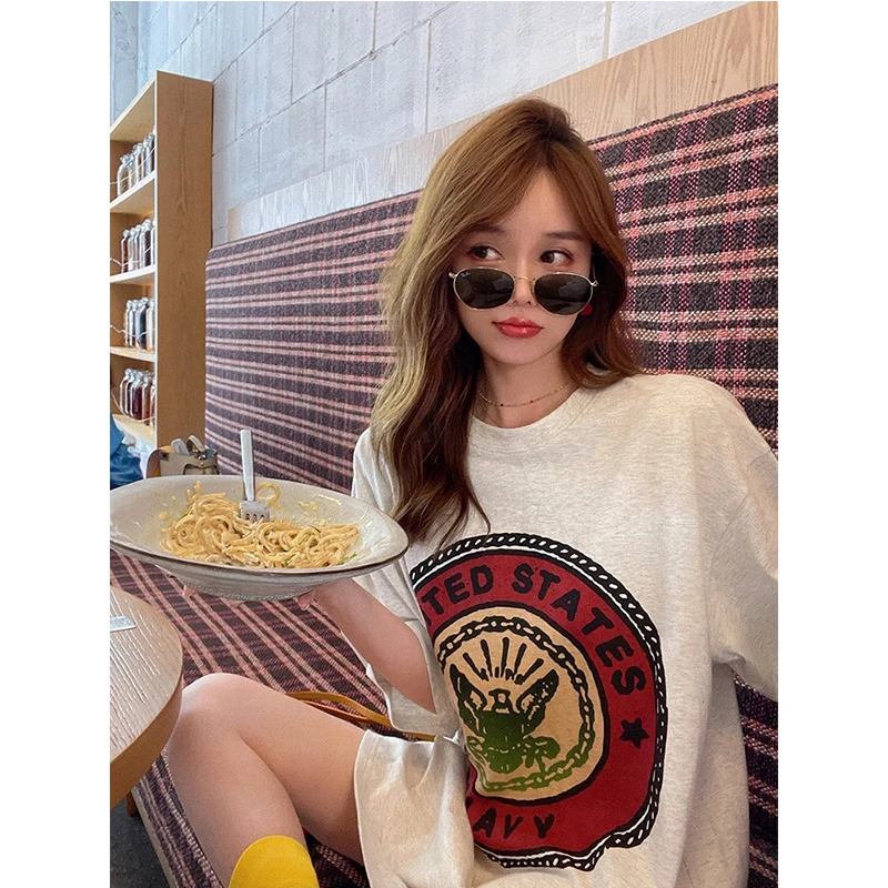 灰色短袖大t恤女夏中长款配鲨鱼裤的遮臀遮屁股大版纯棉100%全棉