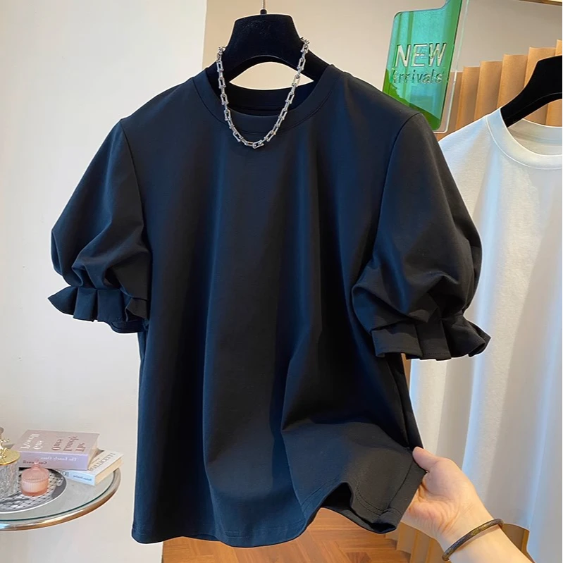 短款短袖t恤女夏季宽松高级感泡泡袖灯笼袖法式别致独特小众上衣