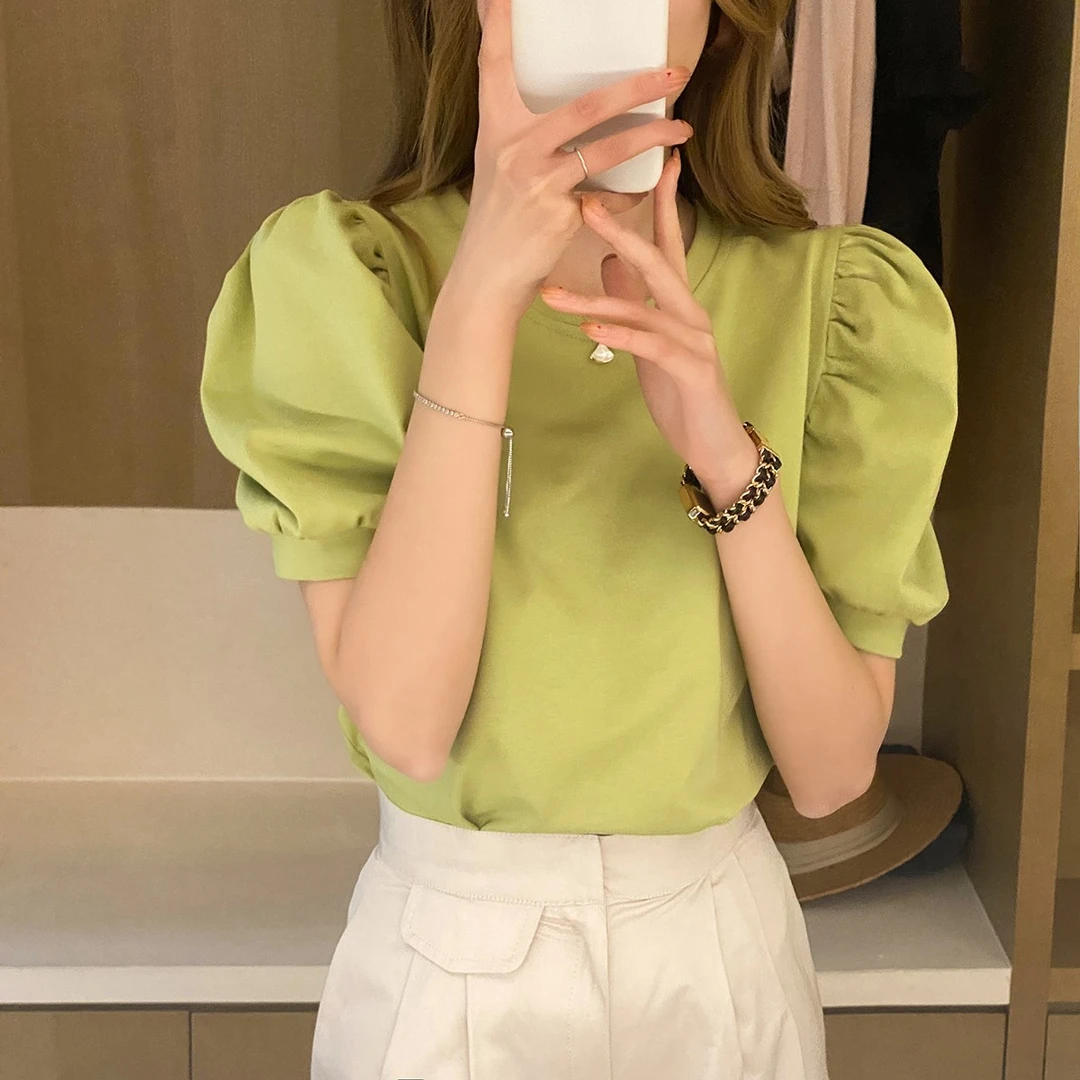 牛油果绿法式短款短袖t恤女夏纯棉泡泡袖灯笼袖矮个子上衣小个子
