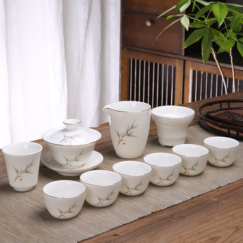 【意陶】竹影清风 11件套羊脂玉瓷茶具套装高档家用盖碗茶杯主人杯