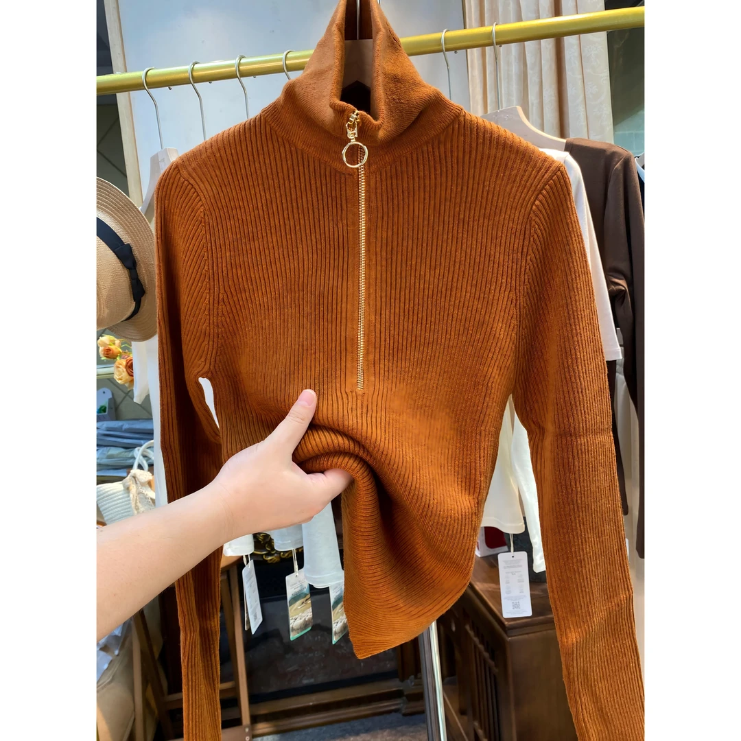 拉链翻领长袖针织衫女士纯色毛衣百搭修身秋冬长袖打底衫立领