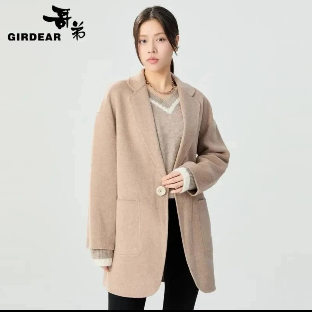 哥弟新款时尚H版翻领中长款一粒扣绵羊毛双面呢大衣外套女1400770