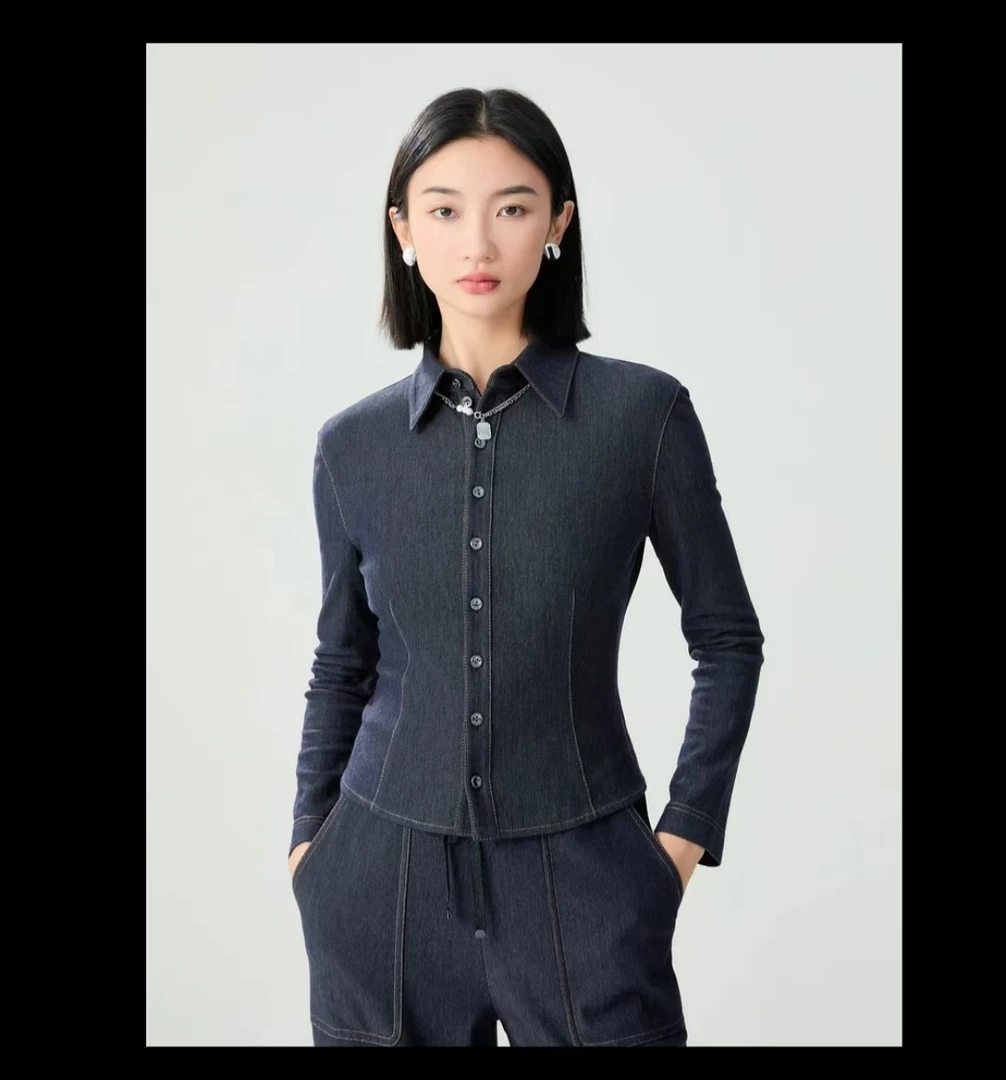 哥弟秋冬时尚休闲气质简约牛仔显瘦修身收腰长袖衬衣1301042