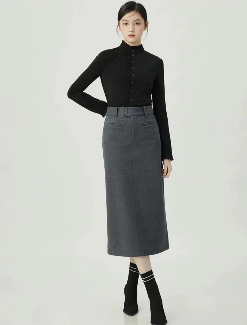 GIRDEAR/哥弟秋冬款时尚高腰显瘦气质植绒中长款半身裙 1200369