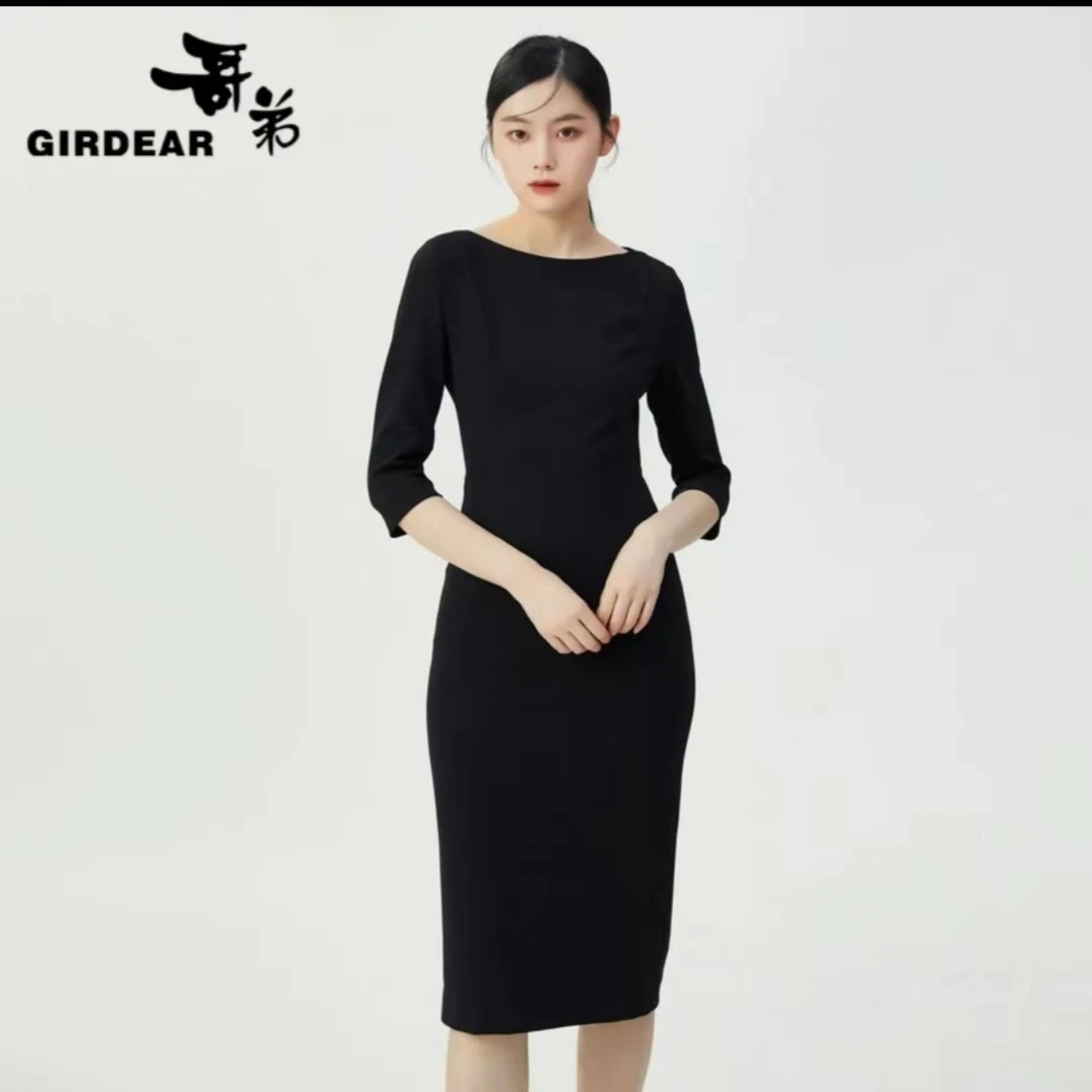 哥弟高腰修身显瘦黑色通勤时尚法式优雅中袖连衣裙1500284