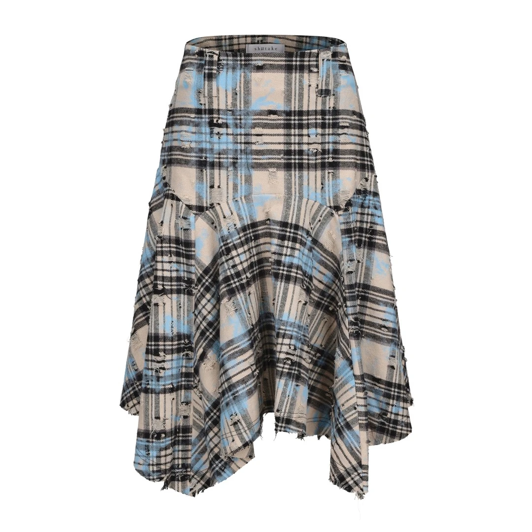 Shiitake 蓝色泼漆复古街头破洞格子半裙