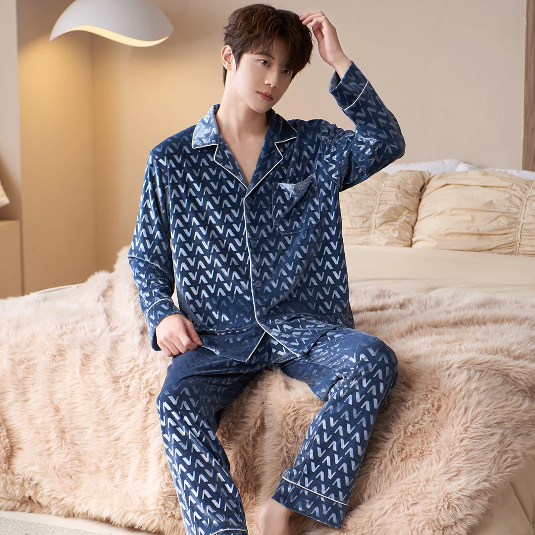 乐姿梦男士睡衣春秋加厚金丝绒轻奢男款保暖套装大码家居服秋冬季