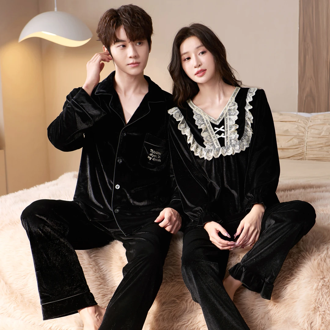 乐姿梦黑色情侣睡衣女金丝绒秋冬季公主风甜美高级感男套装家居服