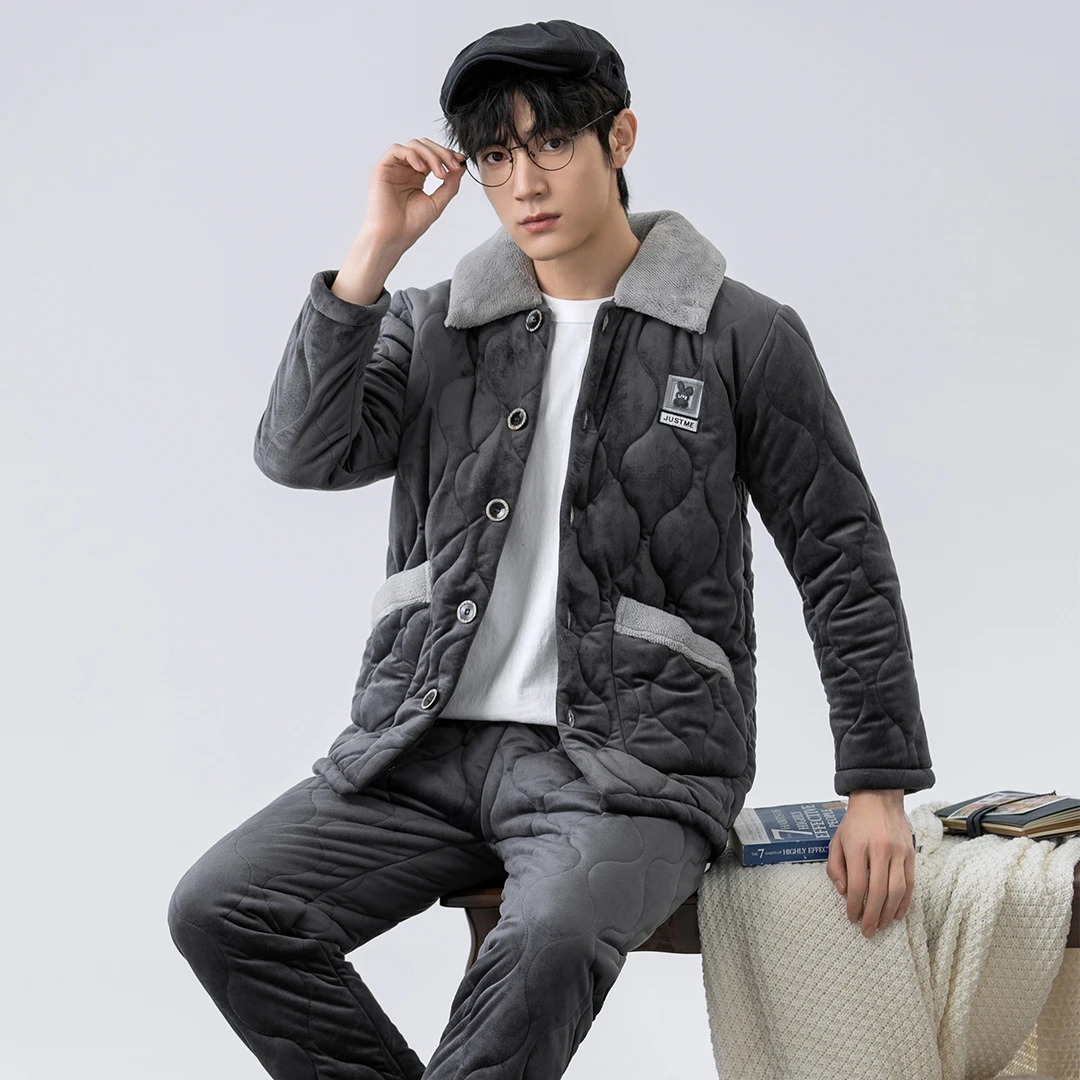 乐姿梦睡衣男冬季三层加厚保暖夹棉袄珊瑚绒家居服大码青少年套装