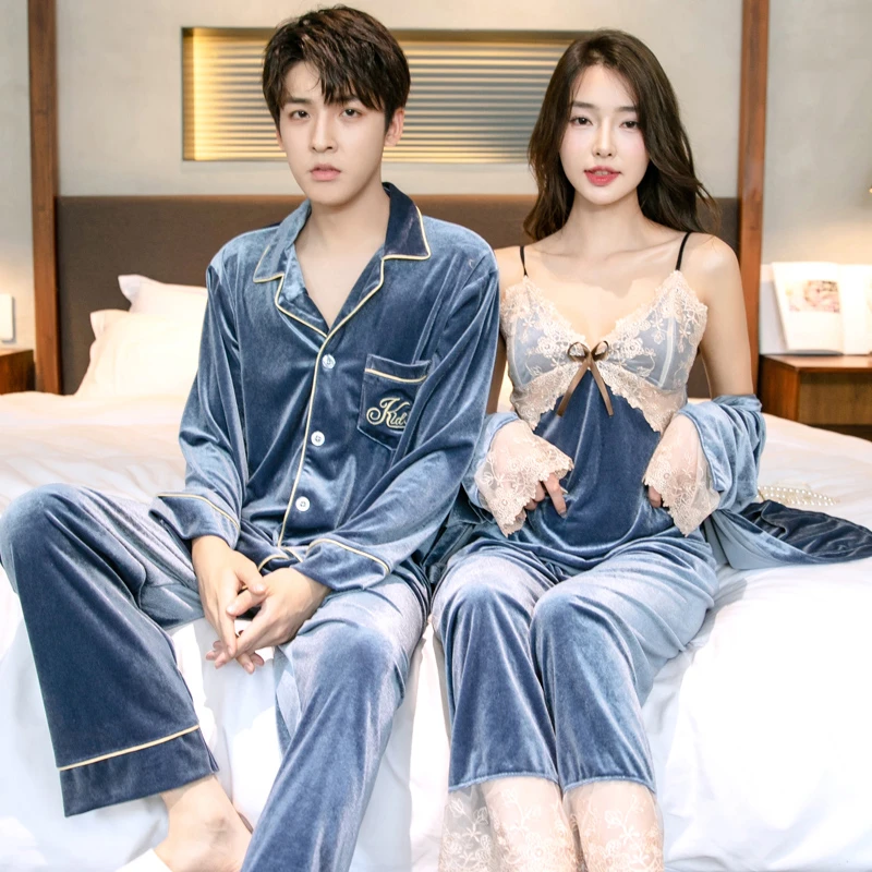 秋冬季金丝绒情侣装睡衣女款性感长袖吊带睡袍三件套装男士家居服