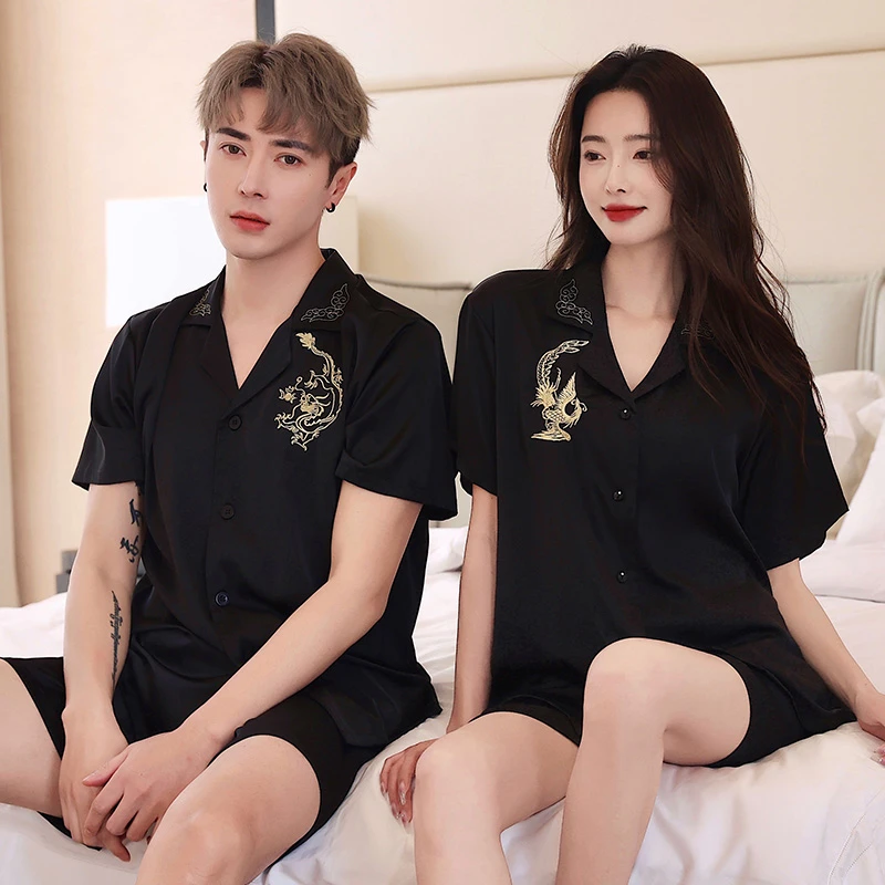 情侣睡衣男士夏季冰丝冰丝短袖短裤家居服女夏天薄款仿真冰丝套装
