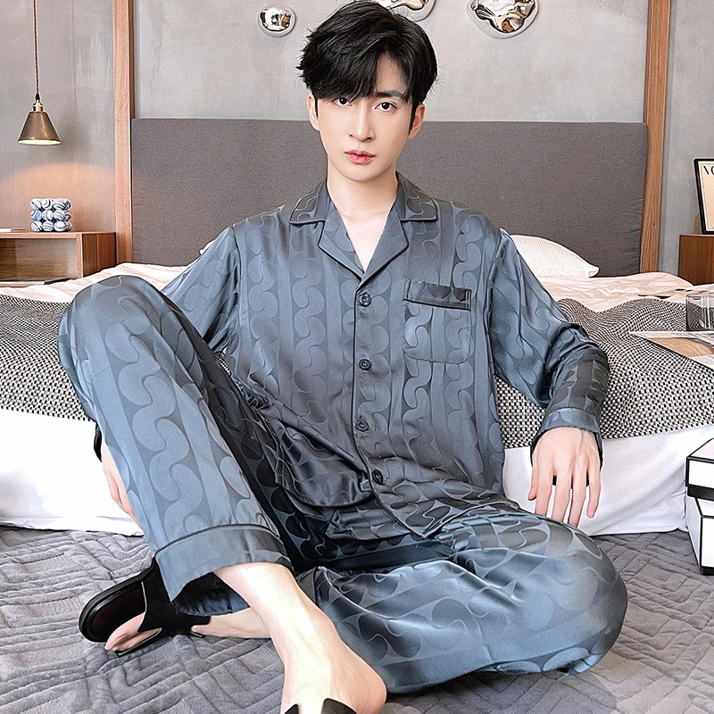 乐姿梦男士睡衣春秋款冰丝长袖家居服夏季男款仿真丝薄款套装大码