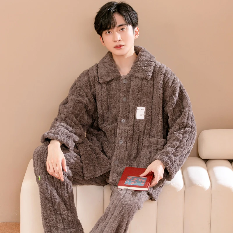 睡衣男士秋冬款珊瑚绒加厚加绒法兰绒家居服男款秋冬季青少年套装