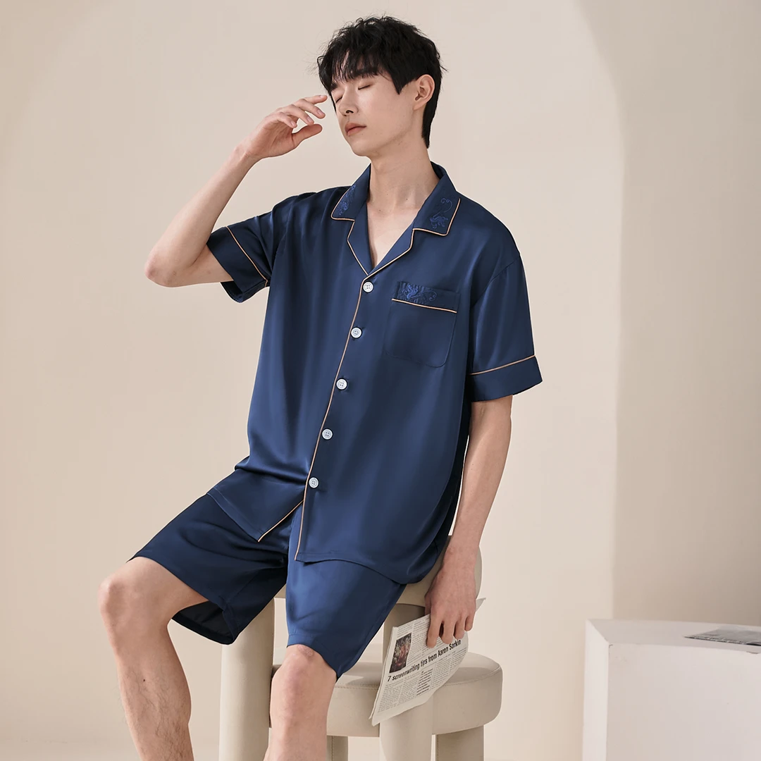 乐姿梦睡衣男士夏季夏款冰丝短袖短裤家居服男款薄款仿真丝质简约