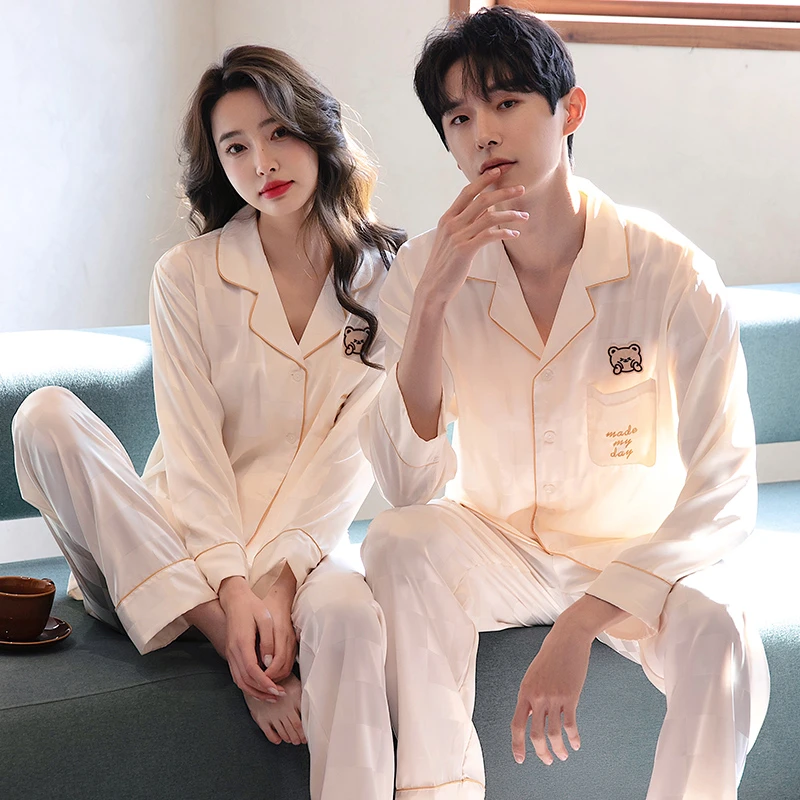 冰丝情侣睡衣男女春秋季长袖高级感可爱棋盘格仿真套装家居服薄款