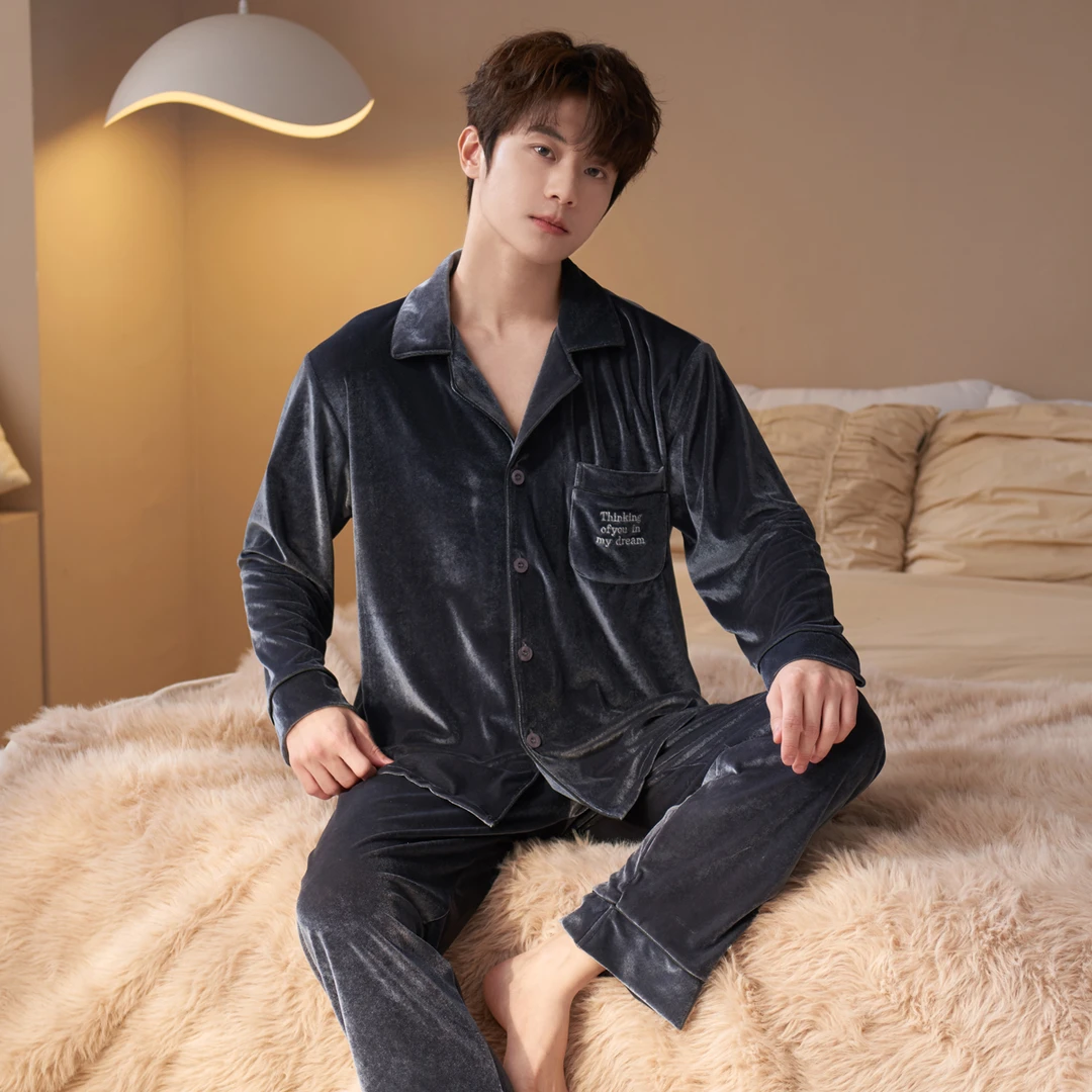 乐姿梦睡衣男士春秋金丝绒长袖高级感家居服薄绒珊瑚绒秋冬季套装