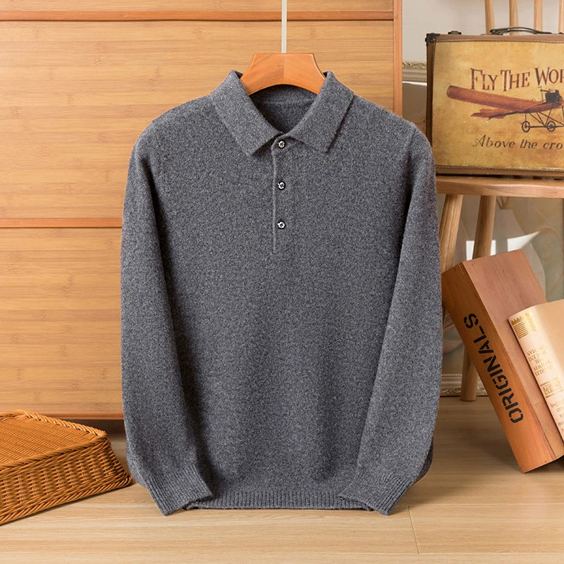 《冬季必备》男士100%翻领针织羊绒打底衫商务纯色加厚商务休闲Polo