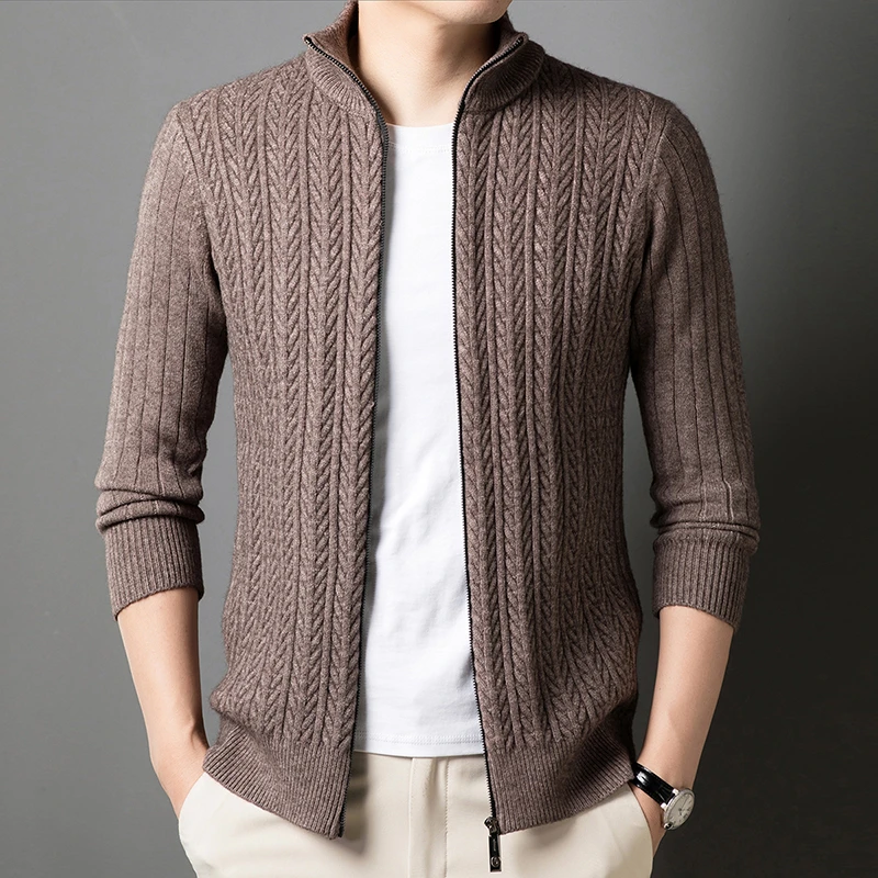 冬季100%纯羊绒男士针织开衫加厚外套时尚休闲立领百搭纯色外套