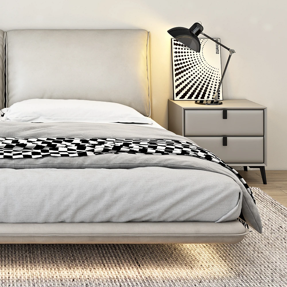 真皮床搭配床头柜全实木简约现代主卧床头柜收纳高端北欧意式极简