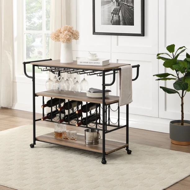 欧式铁木结合小推车红酒带轮置物架长桌茶水蛋糕车餐边柜饮料车